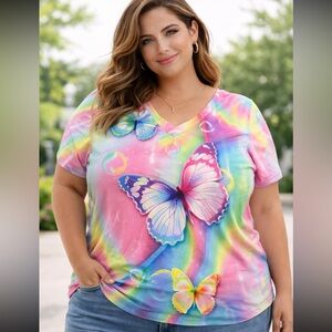 Colorful Butterfly Print Women's Top Plus Size 3X